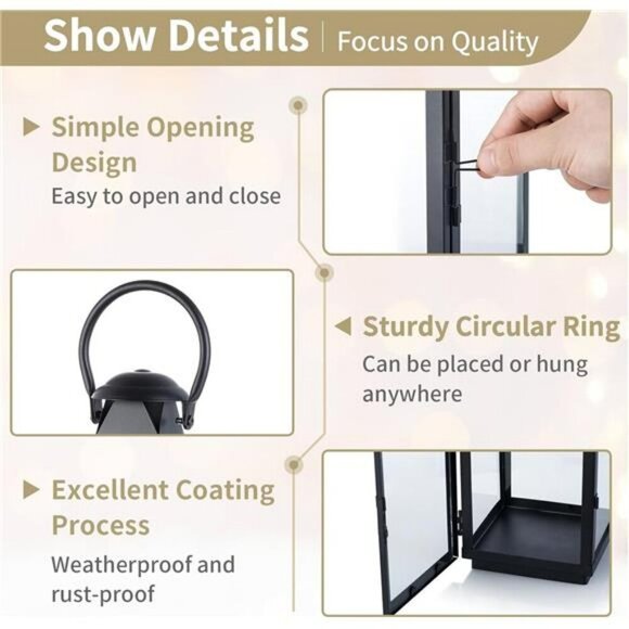 NUPTIO Black Metal Candle Lantern Hanging Table Decor Outdoor Centerpiece - Picture 5 of 7